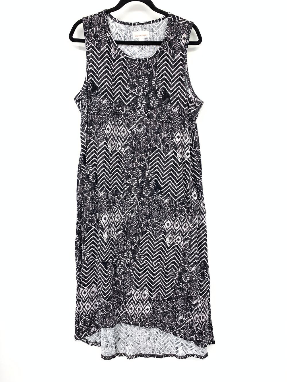 Stan Herman Midi Dress Womens Size Large Black White Multi Print Sleeveless